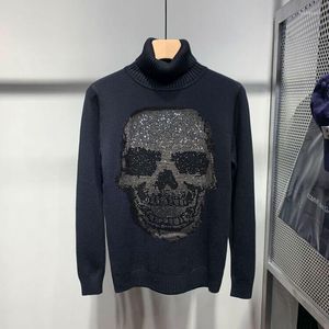 Pulls pour hommes Thème tridimensionnel Crâne Noir et Blanc Plus Taille Cachemire Pull à col roulé pour hommes Sweat-shirt Slim Pull