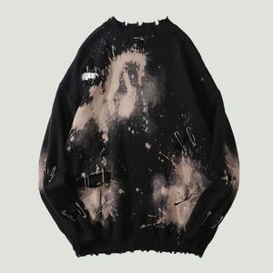 Mannen Truien Tie Dye Pins Ripped Verontruste Vernietigd Gaten Breien Hip Hop Streetwear Pullover Trui Oversized Zwart Tops 230807