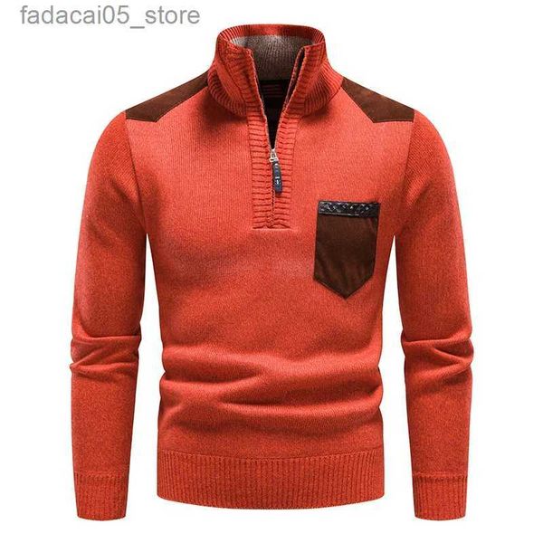 Suéteres para hombres de calidad superior suéter de lana de los hombres media cremallera hasta jerseys otoño invierno cuello alto y2k sudaderas puentes masculinos polos marrones q240124