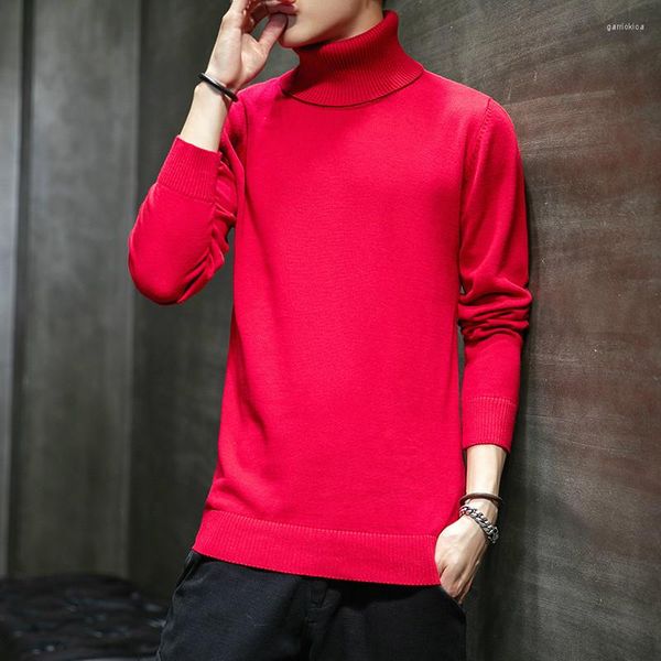 Suéteres de cuello alto para hombre, suéter colorido para hombre, suéter de punto de gran tamaño con volantes rojos para hombre, suéter cálido grueso Vintage informal para niño