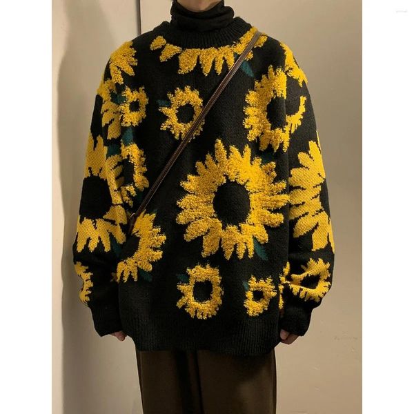 Suéteres para hombre, suéter Unisex, girasol de invierno, moda cálida, jerséis con cuello redondo para hombre, suéteres sueltos informales de punto grueso