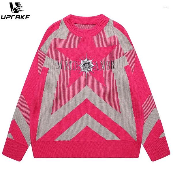 Suéteres para hombre UPRAKF Star Graphic Sweater Otoño Baggy All-Match Cuello redondo Tops de invierno Jerséis de moda