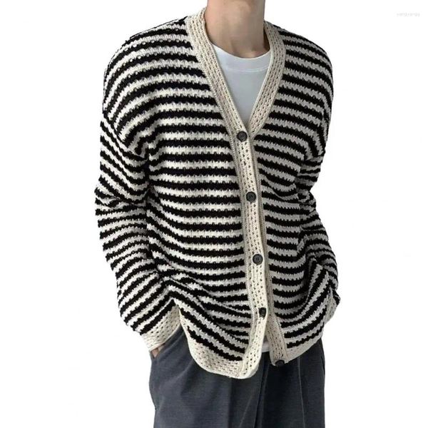 Pulls pour hommes col en V lâche cardigan automne printemps manteau rayé col en V tricoté pour hommes hiver pull à boutonnage unique