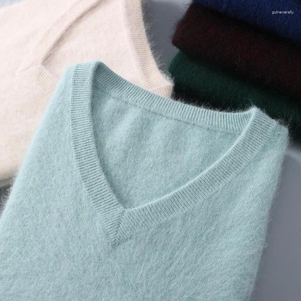 Suéteres para hombres Suéter de cachemira de visón con cuello en V Otoño e invierno Manga larga Color sólido Jersey cálido engrosado Jersey de punto Top