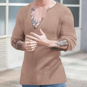 Pulls pour hommes polyvalents tricots de couleur unie pull à col en v ajusté élégant tricot profond coupe ajustée côtelé pour l'automne