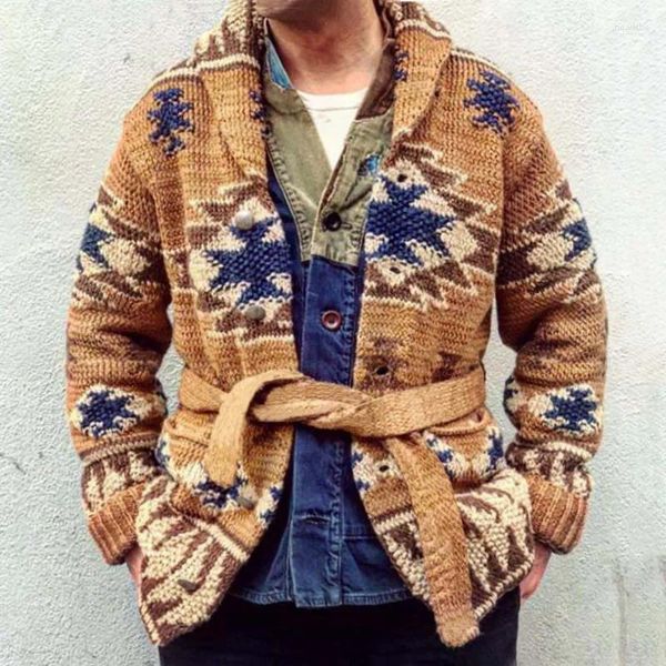 Chandails pour hommes Vintage ethnique Jacquard à manches longues Cardigan hommes décontracté à lacets chaud pull tricoté manteaux automne hiver vêtements d'extérieur