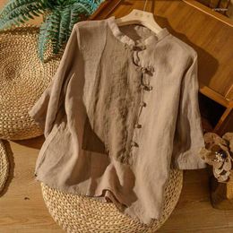Chandails pour hommes Vintage Style ethnique Patchwork lâche coton lin chemise pour femmes Simple trois quarts manches dames Blouses hauts vêtements