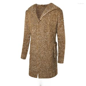 Pulls pour hommes Vintage Knit Trench Coat pour hommes hiver chaud à capuche Sweatercoat automne décontracté couleur pure surdimensionné cardigan tricoté vestes