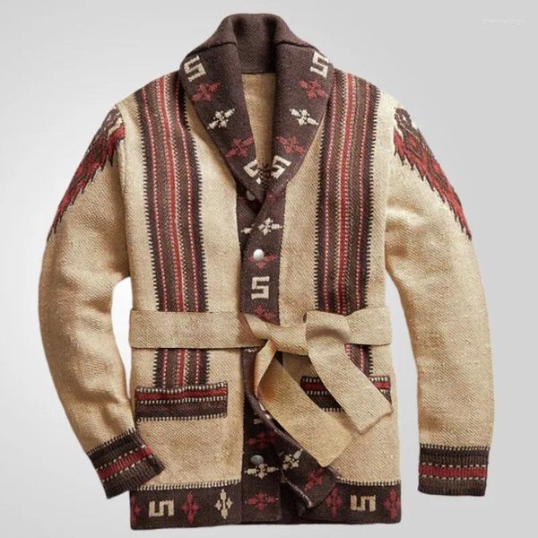 Suéteres para hombre, chaqueta Vintage de manga larga, abrigo, suéter, cárdigan de punto con patrón étnico grueso, prendas de vestir cálidas de invierno para hombre Boho