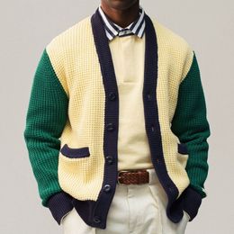 Suéteres para hombres Vintage Patchwork Hombres Suéter Cardigan Casual Single Breasted V Cuello Chaqueta de punto Otoño Invierno Moda Color Block 230921