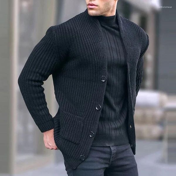 Suéteres para hombre, cárdigan Vintage con cuello levantado y botones, cárdigan tejido de manga larga para hombre, suéter liso, abrigo informal ajustado para otoño e invierno para hombre