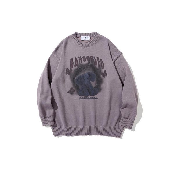 Suéteres para hombres Vintage Streetwear Hombres Moda Pequeño Elefante Impreso Mohair Oversize Jerseys Hip Hop Estilo Punto Jumpers SweaterMen's