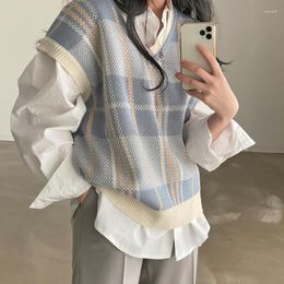 Heren truien vintage v-neck plaid trui vest dames herfst winter gebreide pullover losse Koreaanse gebreide topjes trekken femme