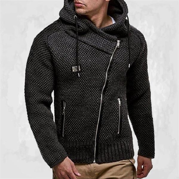 Suéteres para hombres Wepbel Slim Fit Chaqueta Cardigan Manga larga Moda Cremallera oblicua Hombres Negro con forro adicional Suéter con capucha