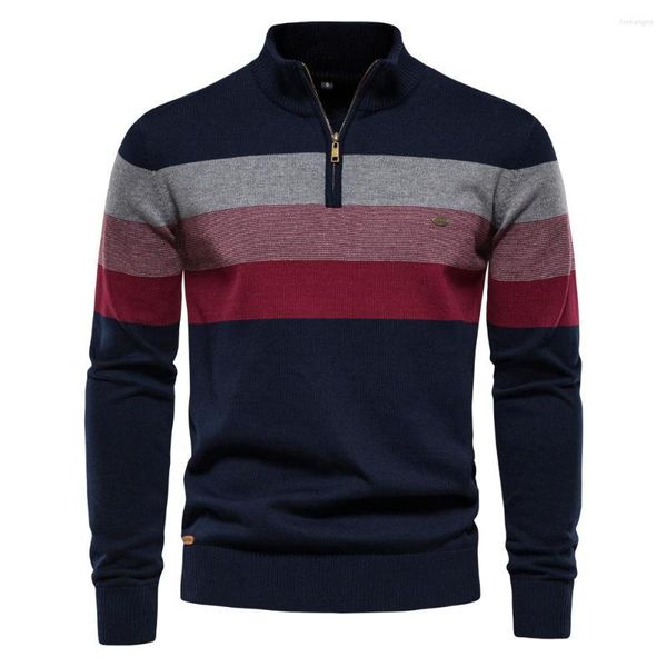 Suéteres para hombre, suéter de punto informal de negocios de invierno, jersey de rayas a juego de Color con cuello medio alto de alta calidad, talla US 2XL