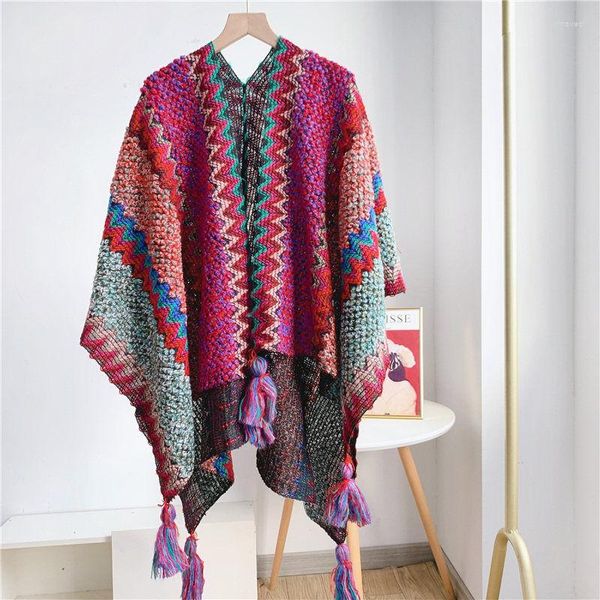 Suéteres para hombre, capas de invierno, cárdigan con cuello en V para mujer, capa étnica de otoño, Poncho tejido con borlas bohemias, colorido para mujer