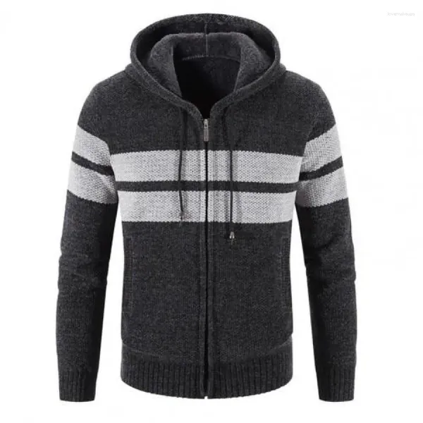 Suéteres para hombres Cárdigan de invierno Hombres Moda Rayas Suéter con capucha Chaquetas Casual para hombre Grueso Cálido Tejido Sweatercoat Ropa