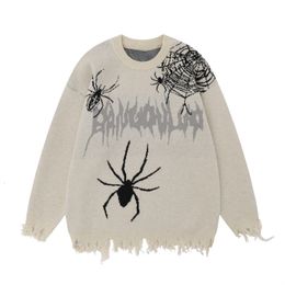 Herentruien Winter High Street Fashion Brand Spider Men's Gebreide shirt losgekoppelde bloem gebroken gat ronde nek lange mouw pullover trui 230811