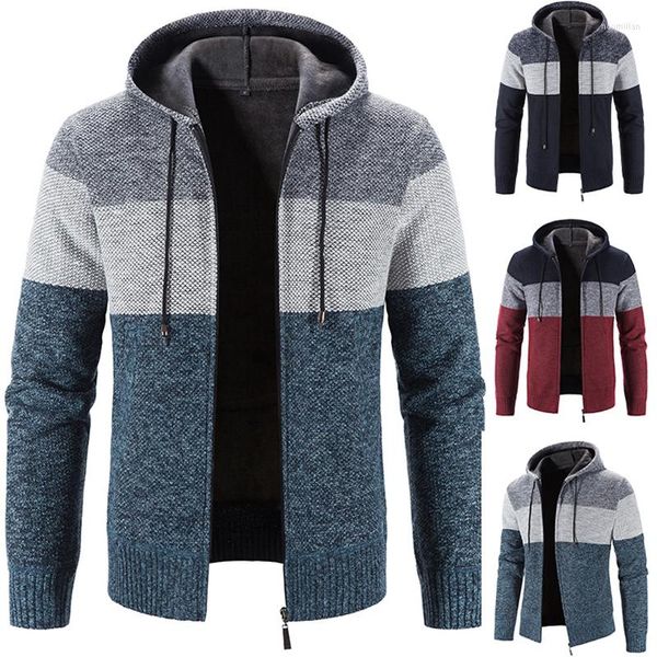 Suéteres para hombre, abrigo con capucha de invierno, suéter de lana pesada, cárdigan con cremallera para hombre, chaqueta holgada informal de M-4XL, punto de retales de moda