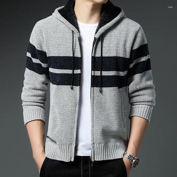 Pulls pour hommes hiver capuche fermeture éclair tricoté polaire cardigan style coréen mode pull mâle épais velours patchwork à manches longues