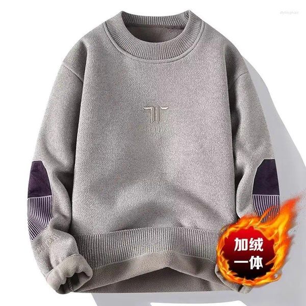 Pulls pour hommes hiver peluche pull japon chaud col rond gris haute qualité brodé haut tricoté vêtements à la mode 2024