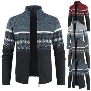 Suéteres para hombre, cárdigan de punto a rayas de invierno, suéter grueso, abrigo, sudaderas con capucha informales, cuello levantado, chaqueta fría de piel sintética de lana de otoño