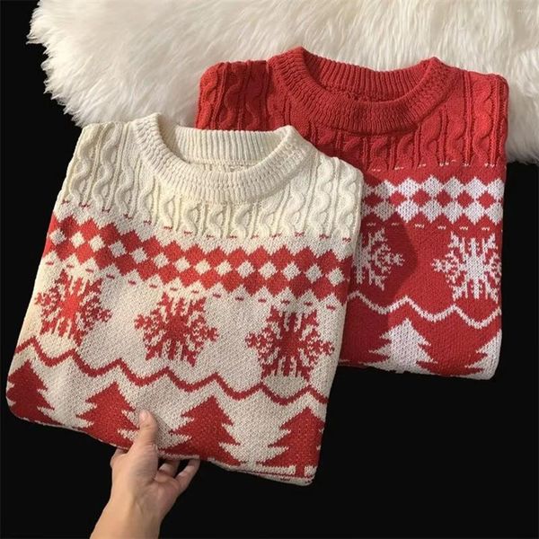 Suéteres para hombres Suéter de invierno para hombres Casual Moda coreana Tendencia Tops Prendas de punto de Navidad Ins Vintage Rojo Cuello redondo Jersey Masculino Cálido