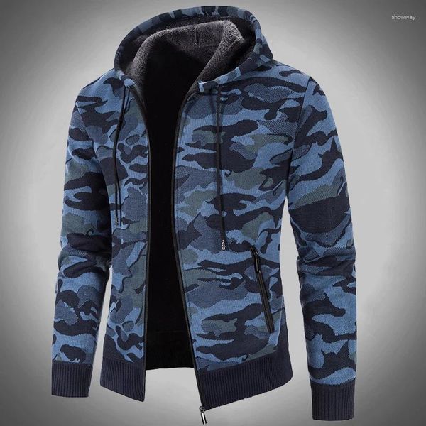 Suéteres para hombres Invierno Grueso Cálido Camuflaje Cardigan Hombres Militar Sweatercoat Sudadera con capucha Chaqueta Hombre Otoño Slim Fit Hood Outwear Coat