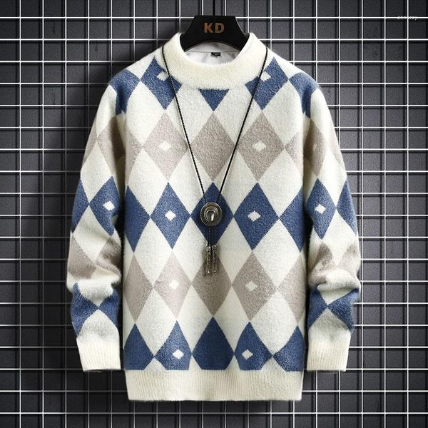 Pulls pour hommes haut d'hiver qualité vison pull en cachemire hommes demi col roulé mode Argyle hommes doux chaud pull de noël