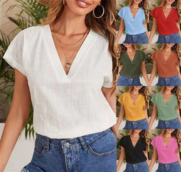 Pulls pour hommes Chemisier en coton et lin pour femmes Mode Été Col en V Chemises à manches courtes Chemisiers de couleur unie Casual Bureau Tops amples Mujer