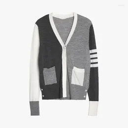 Pulls pour hommes Cardigan tricoté pour femme Pull col en V Laine Color-Block Classique 4-Bar Stripe Mode Veste décontractée