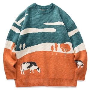 Suéteres para hombres Hombres jóvenes Vacas de dibujos animados Imprimir Vintage Suéteres de invierno Jersey para hombre Oneck Moda coreana Suéter Mujer Casual Harajuku Ropa 221111
