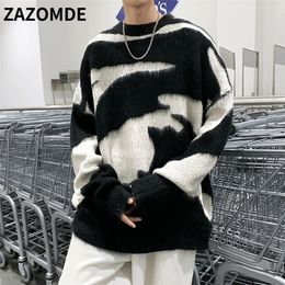 Sweaters masculinos Zazomde Autumn Winter Men Sweater Black White Block Jacquard Streetwear Men Tie Dye Casual Harajuku High Street Top 220926