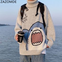 Pulls pour hommes ZAZOMDE Hommes Cols Roulés Pull Requin Hommes Hiver Patchwor Harajuku Style Coréen Col Haut Surdimensionné Gris Col Roulé Pour Hommes 220906