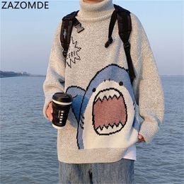 ZAZOMDE Mannen Coltruien Haai Trui Mannen Winter Patchwor Harajuku Koreaanse Stijl Hoge Hals Oversized Grijze Coltrui Voor Mannen 220921