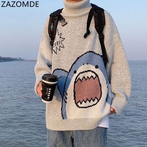 Suéteres para hombres ZAZOMDE Hombres Turtlenecks Shark Sweater 2023 Winter Patchwor Harajuku Estilo coreano Cuello alto Cuello alto gris de gran tamaño para 230906