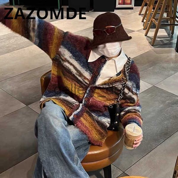 Suéteres para hombres ZAZOMDE Invierno Arco iris Color Contraste Jumper Oversize Cardigan Suéter Prendas de punto Hombres sueltos High Street Pareja Stripe Sweater Coat J230920