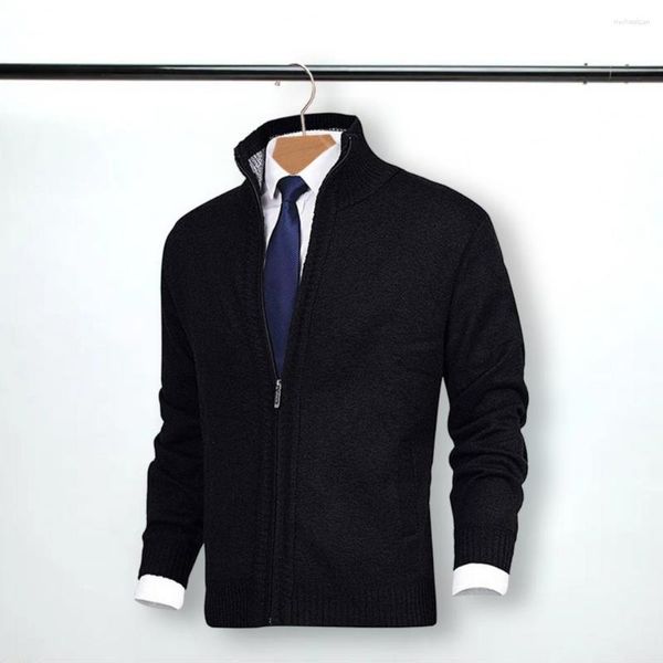 Suéteres para hombres Cierre de cremallera Abrigo para hombres Chaqueta de punto suave Cárdigan de punto elegante con bolsillos laterales de cuello alto para otoño