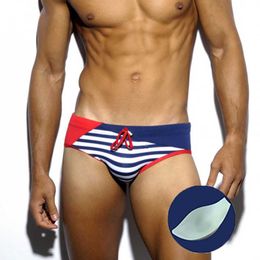 Bañador para hombre 2021 Sexy Push Up Pad azul marino estampado De rayas corto transpirable verano playa Gay Bikini traje De baño Maillot De bain J220913