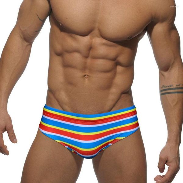 Maillots de bain pour hommes 2023 maillot de bain à rayures colorées homme maillot de bain Sexy pochette Pad Bikini hommes slip de bain pour hommes Surf voile Sport porter