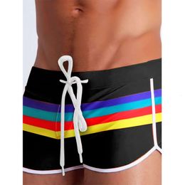 Swimwear masculin 2024 Rainbow sexy Stripe Sexy Flat Angle Pantalon de natation Mid Waist Twisfring Loose Swimming Beach Sports