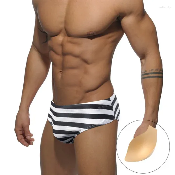 Bañadores de marca para hombre, calzoncillos sexys de cintura baja con almohadilla de realce, pantalones cortos a rayas blancas y negras, bañadores, Boxers para nadar en la playa