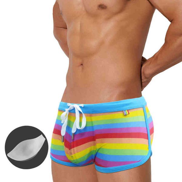 Traje de baño para hombres Europa América Moda Sexy Rainbow Print Traje de baño Hombres con Push Pad Boxer Traje de baño Summer Beach Surf Shorts de secado rápido J220913