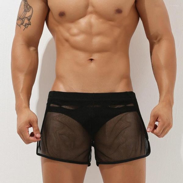 Traje de baño para hombre, bañador Sexy de malla para hombre, pantalones cortos transparentes para gais, pantalones para el hogar, ropa de playa de verano, bañadores