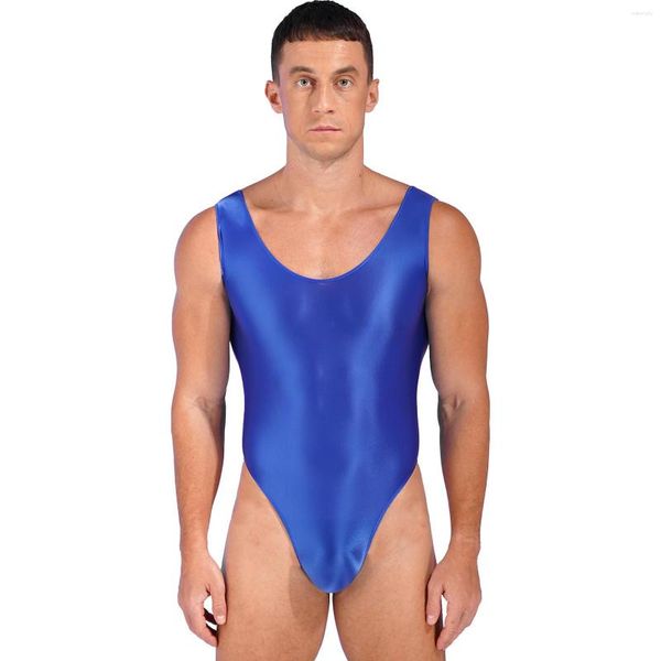 Maillots de bain pour hommes Body brillant dos nu couleur unie U cou maillot de bain coupe haute sans manches justaucorps pour les sports Yoga plage natation