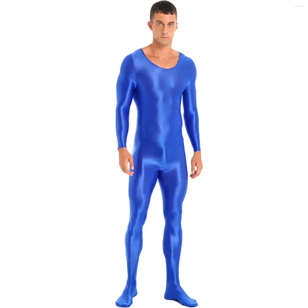 Maillots de bain pour hommes Mens brillant Body Bodystocking lisse à manches longues brillant complet du corps combinaison maillot de bain Gym Fitness Rash Guard Clubwear