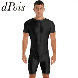 Traje de baño para hombres para hombre brillante de manga corta con cremallera mono mono para deporte corriendo yoga gimnasia unitard leotardo hommes trajes de baño