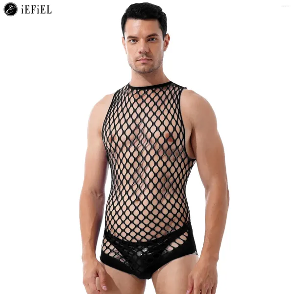 Traje de baño para hombres Mens Hollow Out Fishnet Leotardo Body One Piece Ver a través de malla Medias Pantimedias Lencería Bodystockings Ropa de dormir