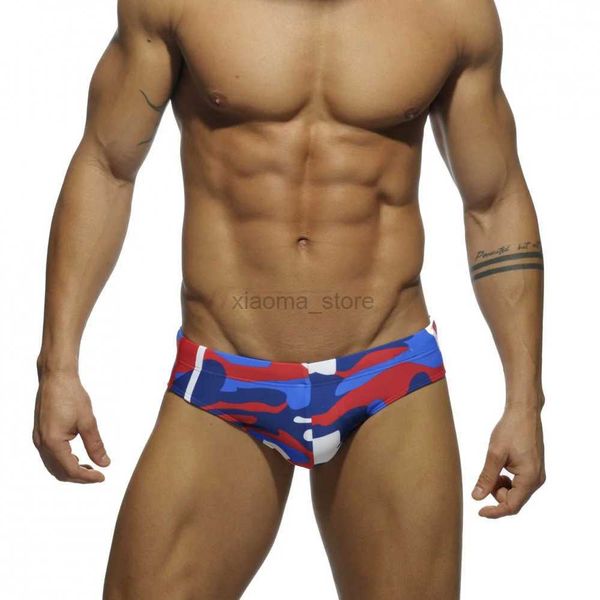 Traje de baño para hombres Nueva marca hombres nadando traje de baño de camuflaje sexy cintura baja bragas de natación trajes de baño boxer color patchwork burbuja caliente verano 240315