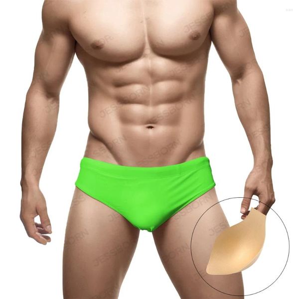 Traje de baño para hombres Sexy para hombre Cintura baja Nylon Sólido Traje de baño de secado rápido Bolsa Pad Swim Briefs Verano Deporte Playa Surf Troncos